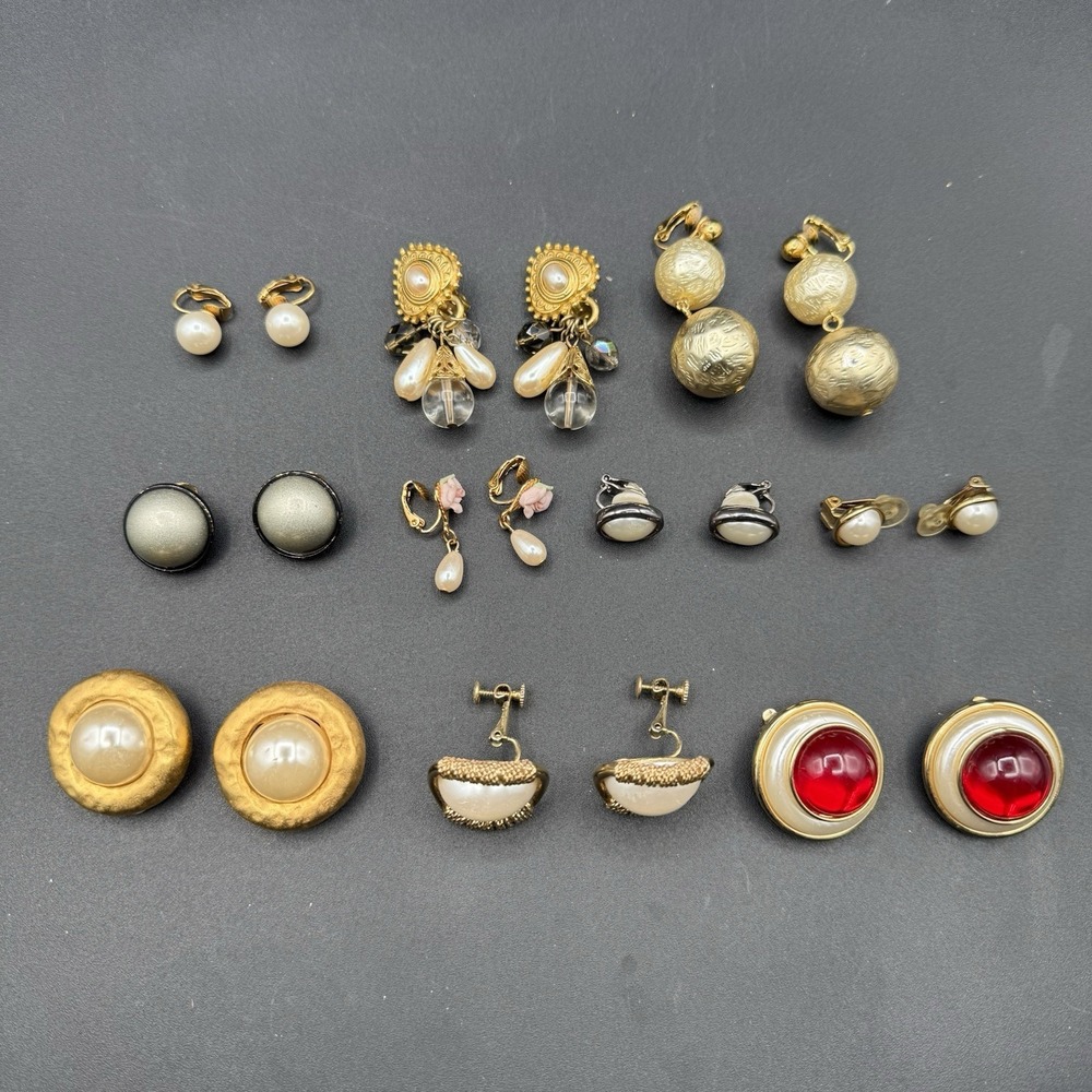 Lot 10 Faux Pearl Clip On Earrings Gold Tone Vintage Style Costume Jewelry Mixed